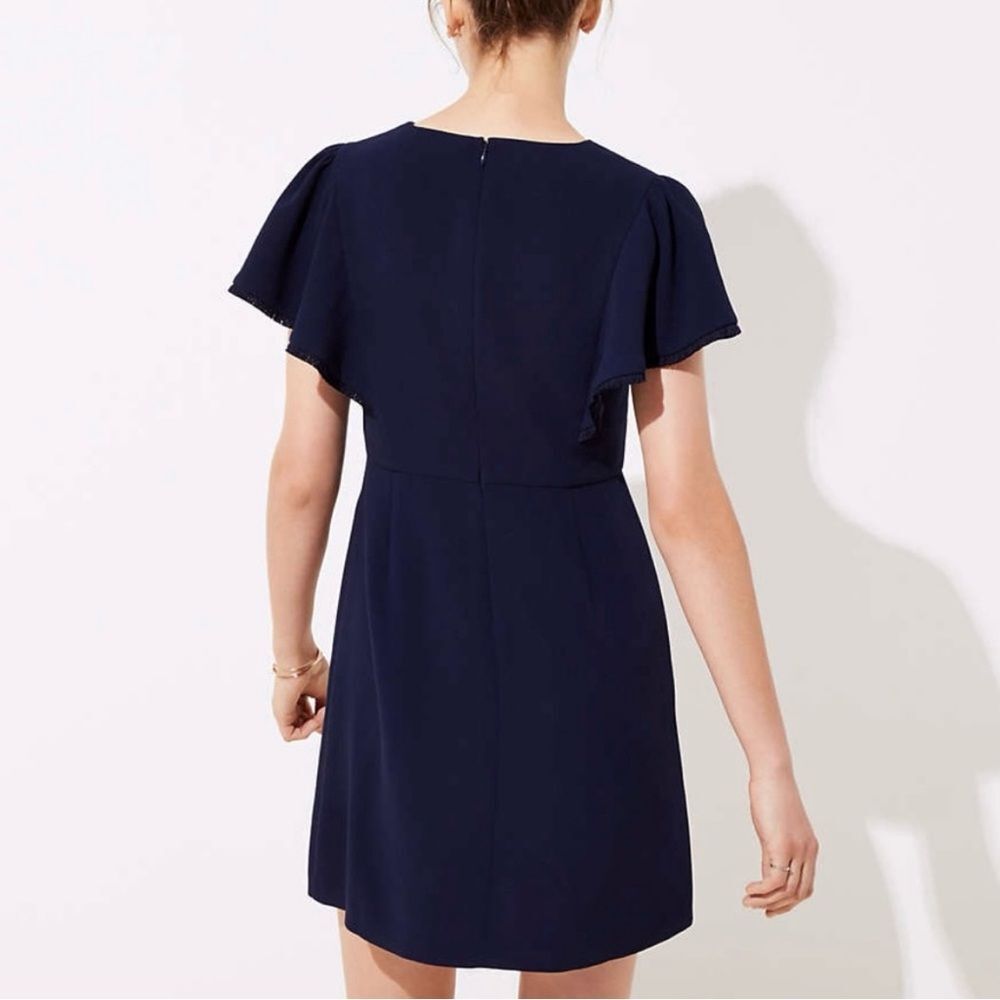 LOFT Fringe Trimmed Flutter Sleeve Dress in Navy - Picture 3 of 11